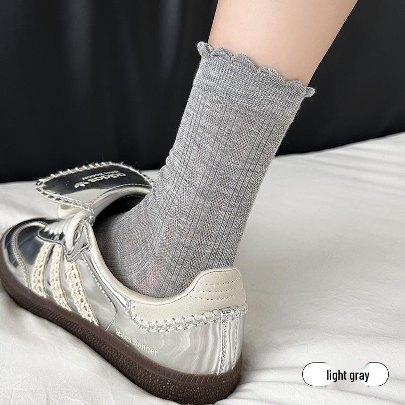 Women's Breathable Cotton Lace Mid-Calf Socks - Soft, Comfortable & Sweat-Absorbent for Commuting.