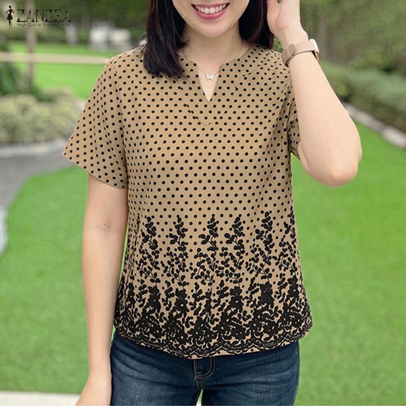 ZANZEA Women Polka Dot Print Casual V-Neck Loose Short Sleeve Blouse
