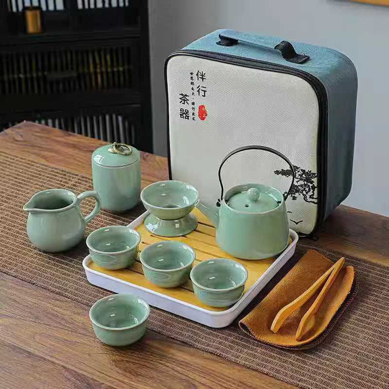 Chinese Kung Fu Travel Set, Ceramic Portable Teapot,Travel Tea Set Portable Outdoor Kung Fu Ceramic Teapot Plate Set