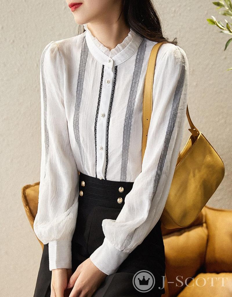 J-Scott Puff Sleeve Chiffon Blouse with Lace, Stand-Up Collar, Lined, Sheer, Chic White (JS43-WH-XL) (Limited Stock)