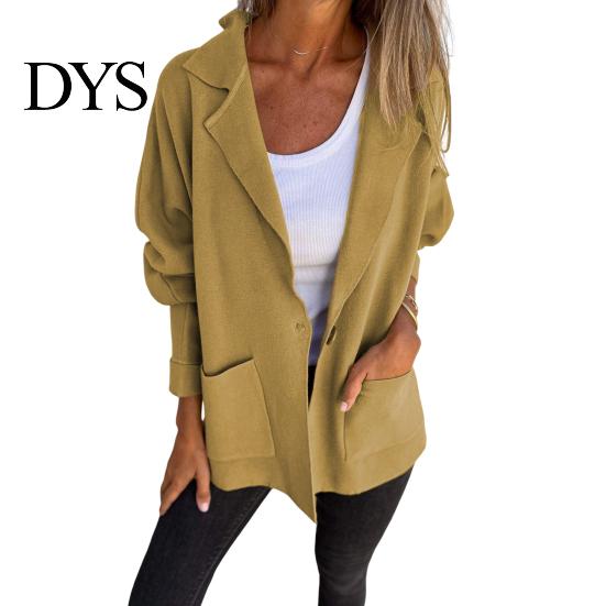 Solid Color Jacket Women Autumn Winter Lapel Collar Loose Casual Coat with Pocket Single-breasted Long Sleeves Top