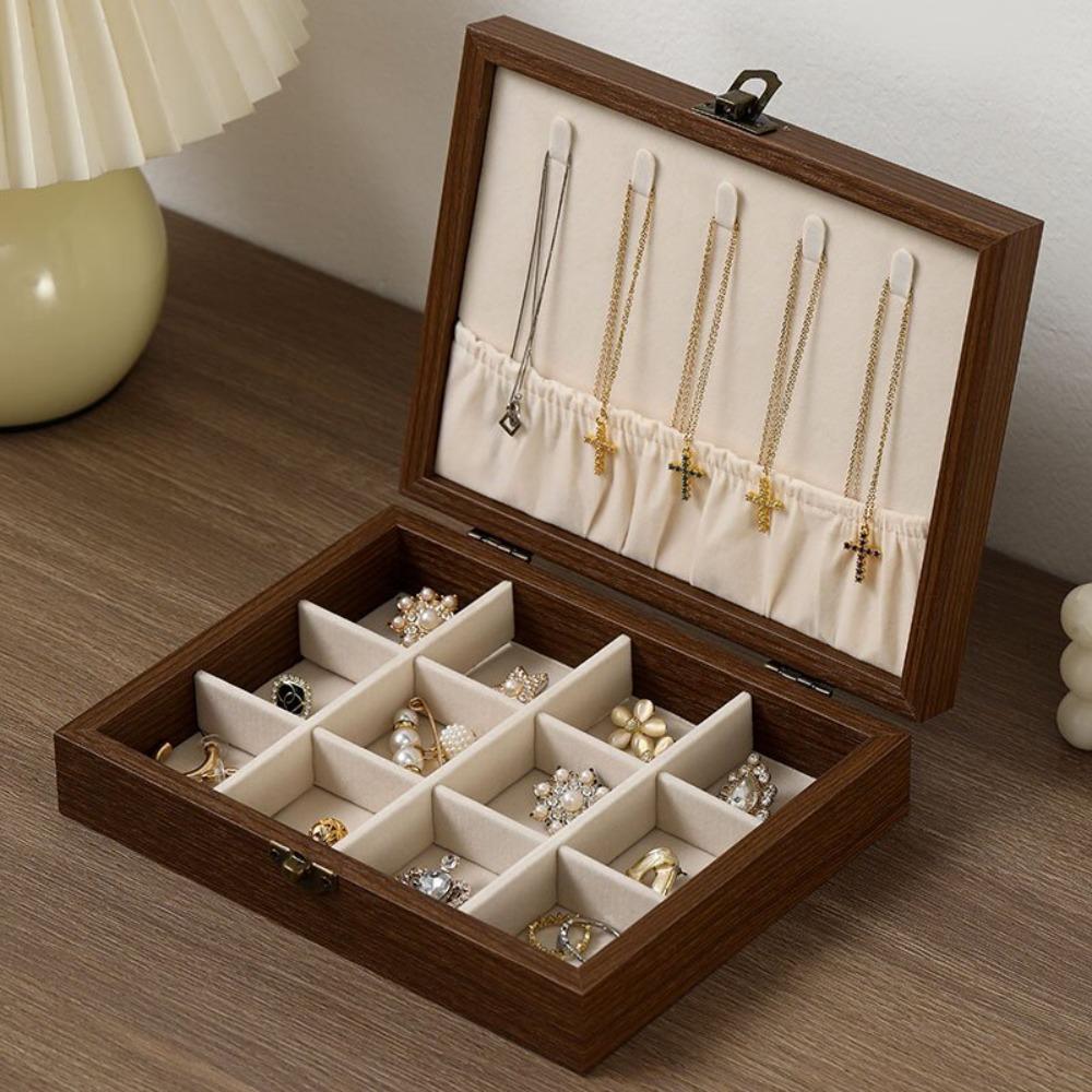 Walnut Wood Glass Lid Velvet Lined Velvet Interior Necklace Hanging Panel Bracelets Storage