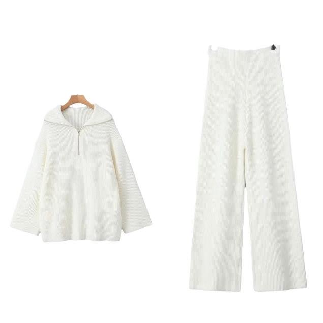 European and American Street Style Women's Loose Lapel High Waist Trousers and Knit Sweater Set