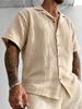 Men's Ivory Crinkled Cotton Camp Collar Short Sleeve Button-Up Shirt with Antique Buttons - Summer Vacation Top