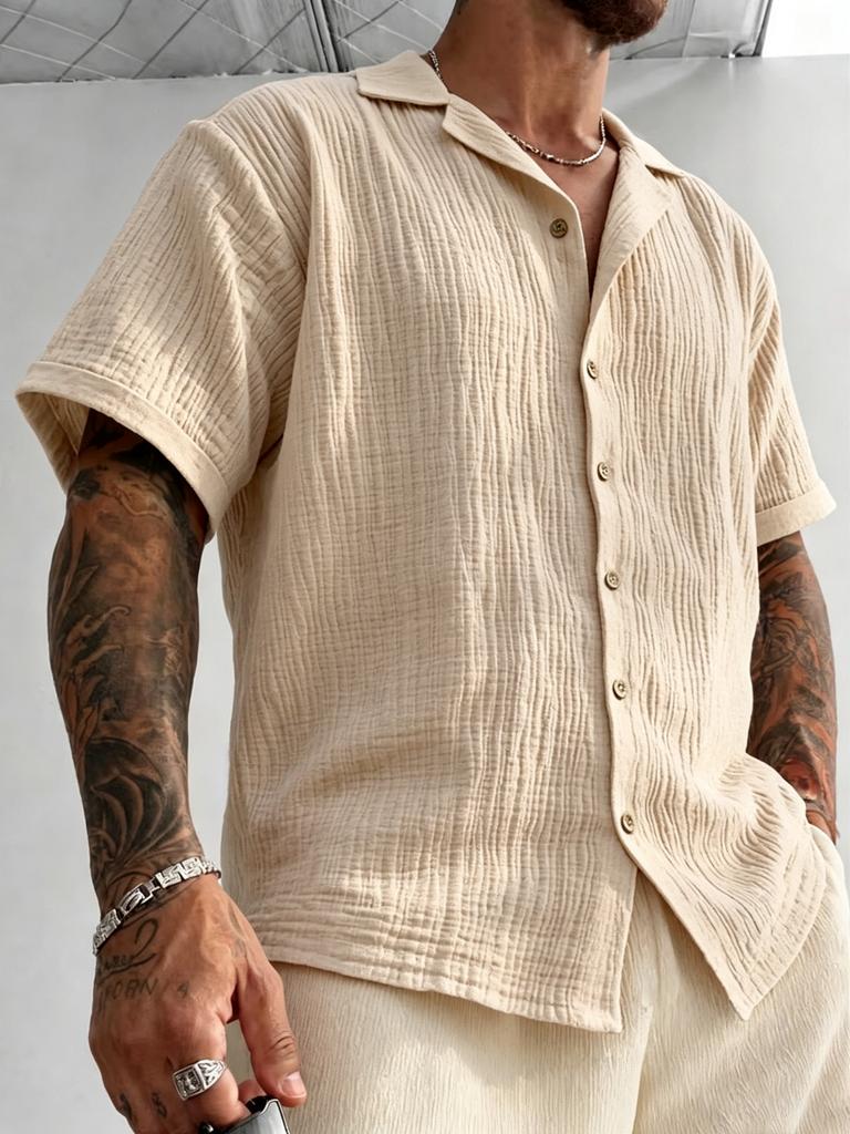 Men's Ivory Crinkled Cotton Camp Collar Short Sleeve Button-Up Shirt with Antique Buttons - Summer Vacation Top
