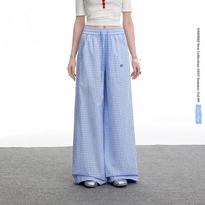 Blue Plaid Casual Wide-Leg Pants