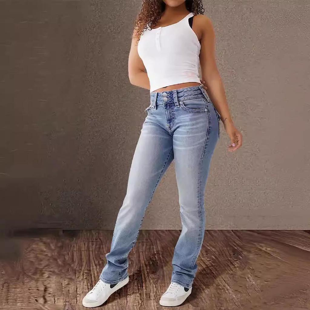 Women's Elastic High Waist Washed Denim Casual Pants