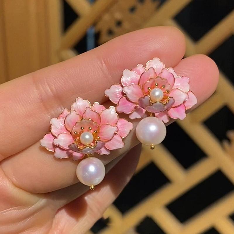 Rosa Öl Tropfen Blume Perlen Ohrringe süß mädchenhaft Herz Mode Steckerohrringe frisch Frühling Zubehör Ohrringe Damen