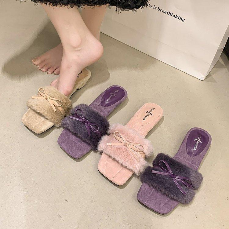 Fashion retro bow fluffy slippers women's outer wear 2025 autumn and winter new simple one-word outer wear thick heel cotton mop
