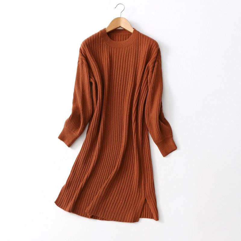 

Cupboard Tail Single Fall and Winter New Arrival Women s Clothing Idle Style Pure Color Rib Sunken Stripe Knitting Dress Mid-Length Bottoming Skirt Brown One size