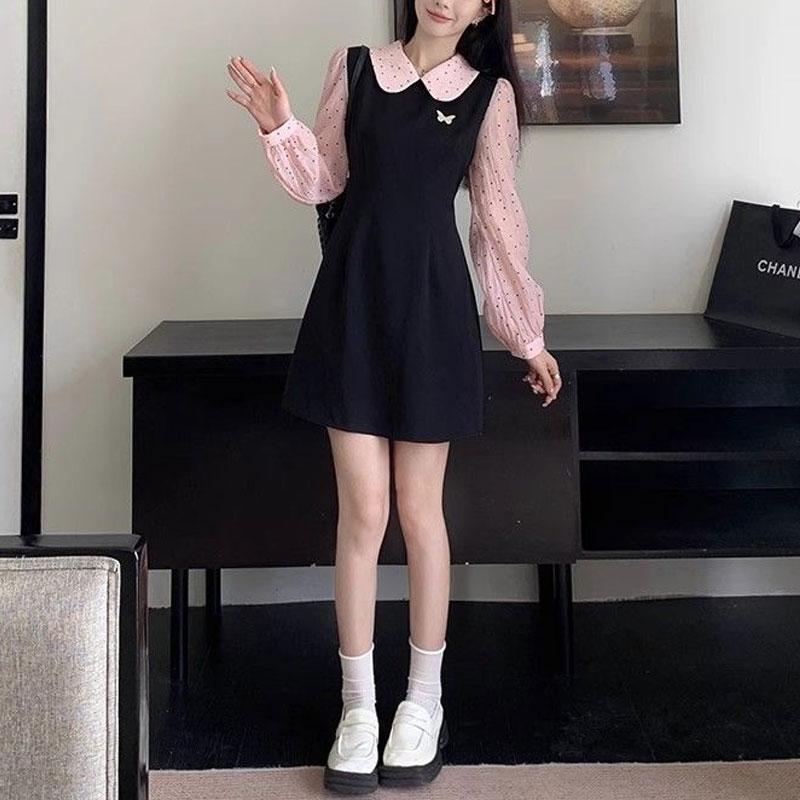 Sweet Polka Dot Mini Dress Spring Autumn Fake Two Pieces Spliced Preppy Style Doll Collar Fashion A-Line Waist