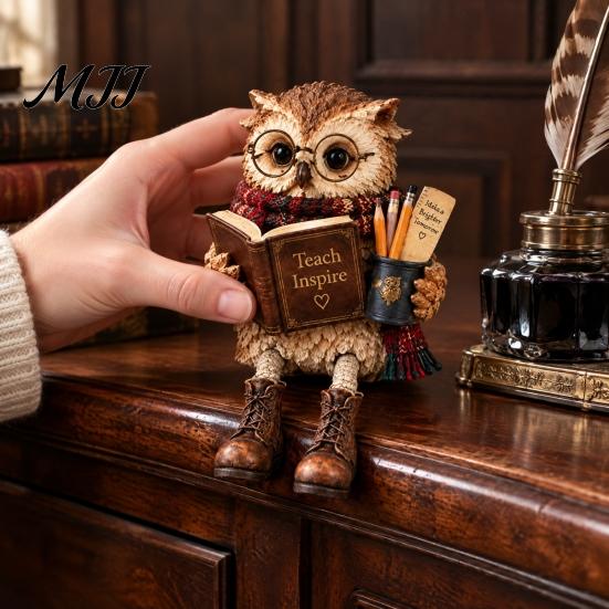 Resin Reading Owl Statue Book Lover Shelf Sitter Figurine, Statue, Whimsical Forest Animal Ornament Farmhouse Tabletop for Bookshelf Home Decor,