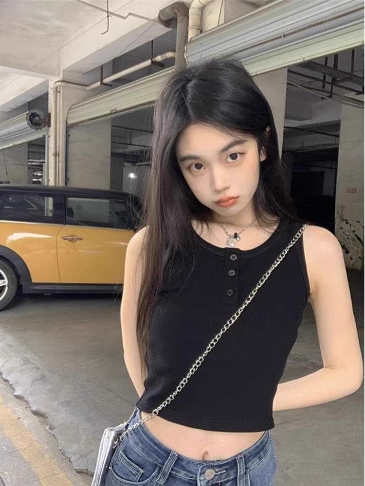 American Sweet Spicy Girl Slimming Button Strap Vest - Women s Summer Versatile Base Layer Top Small чёрный