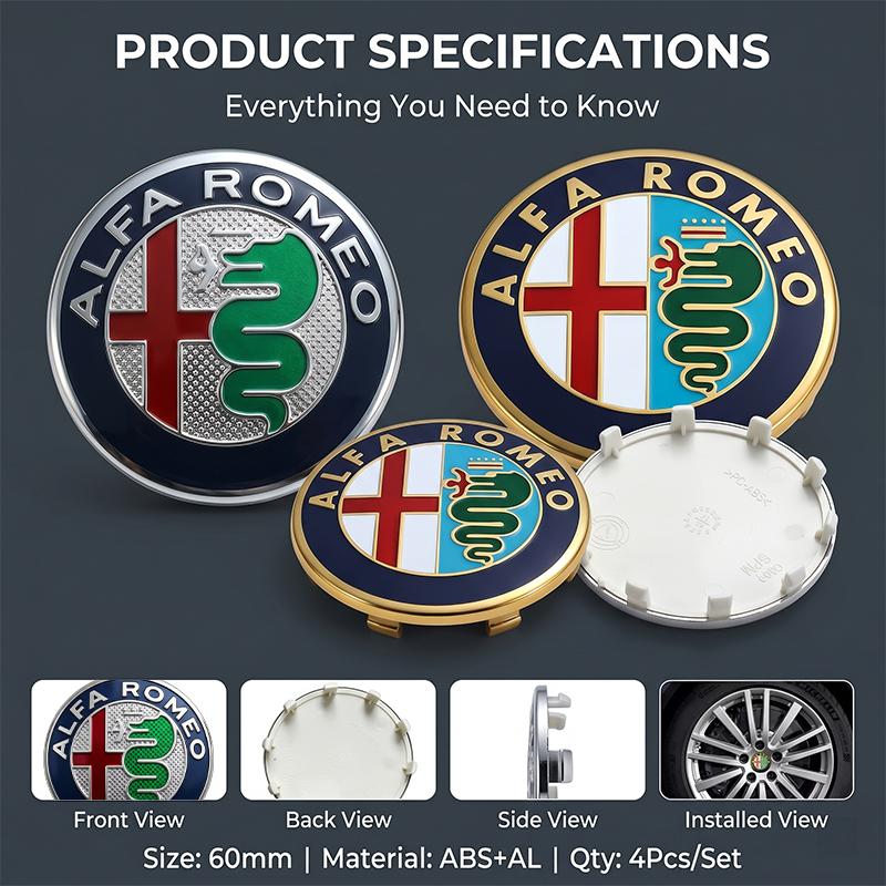 Tappi Mozzo Ruota a Scatto Antiruggine da 60 mm Coprimozzi Centrali per Alfa Romeo Giulia Stelvio Giulietta Spider GT 4C 8C Mito Brera Modifica