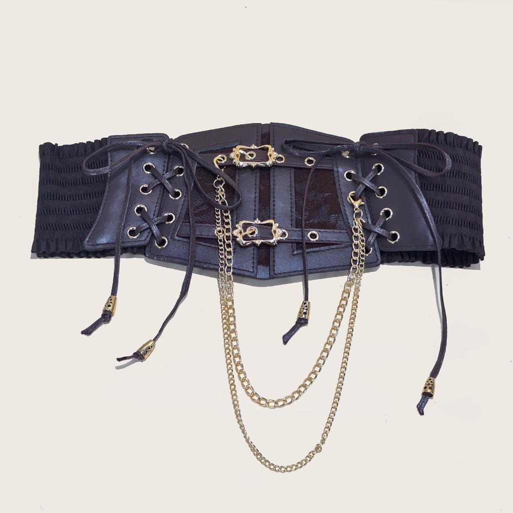 Lace Corset Punk Black Wide Belt With Chain Pu Leather Slimming Body Belts for Women Elastic High Waist Belt Female Cummerbunds