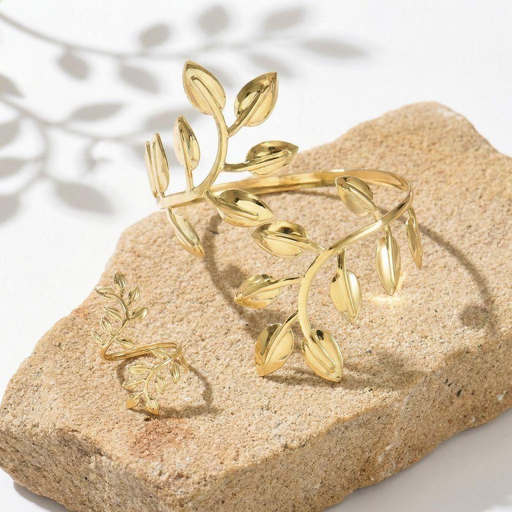 Open Armband Ring Set Gold Jewelry Set Fashion Leaf Upper Arm Cuff  Unisex