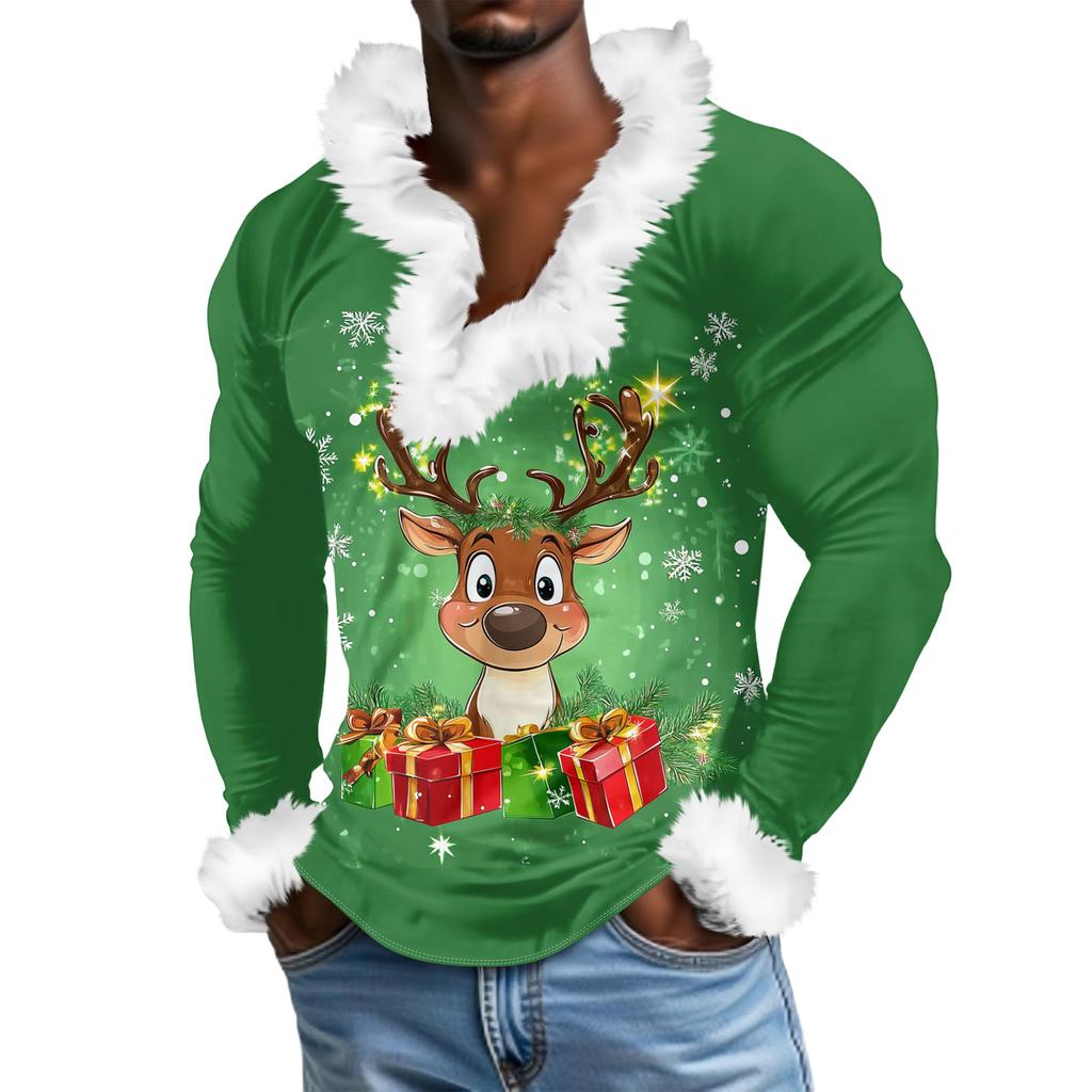 Herren Lässiges Weihnachten Bedrucktes Plüsch V-Ausschnitt und Fleece Langarm-Sweatshirt