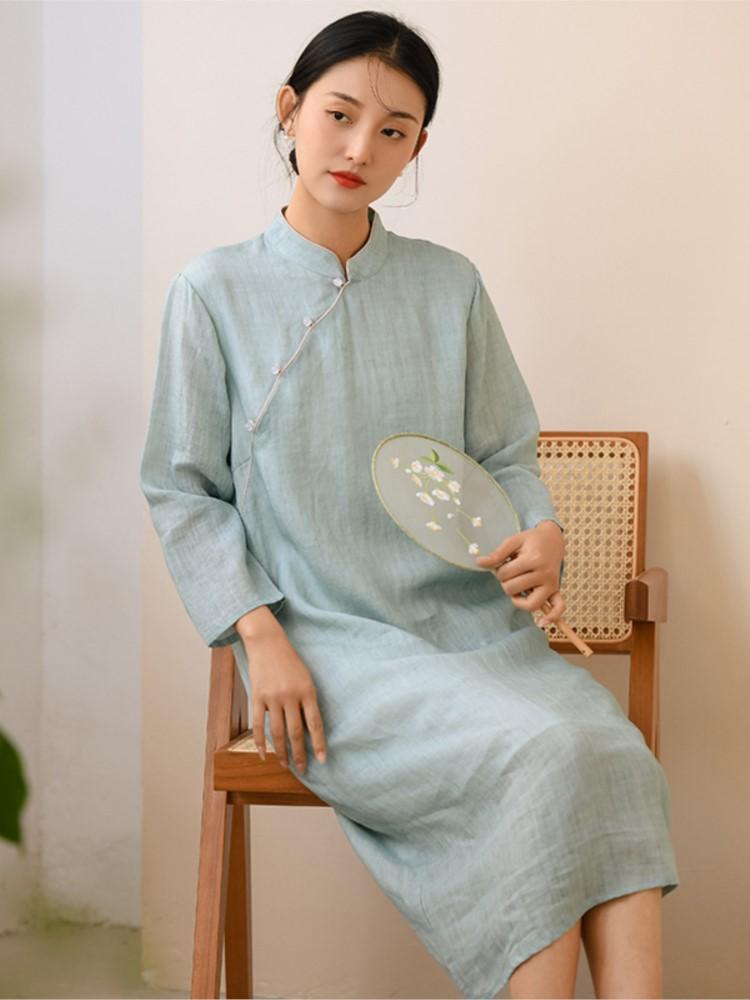 Johnature Women Chinese Style Cheongsam Solid Color Stand Long Sleeve Button Ramie Vintage Spring Dress Women Clothes