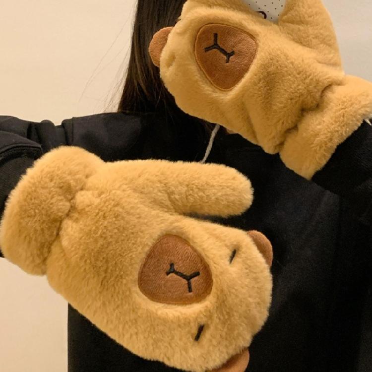 Capybara Cartoon Plush Scarf and Gloves 2in1 Set for Adult Student Fashionable Warmth Hand Warmer Mittens Neck Gaiter