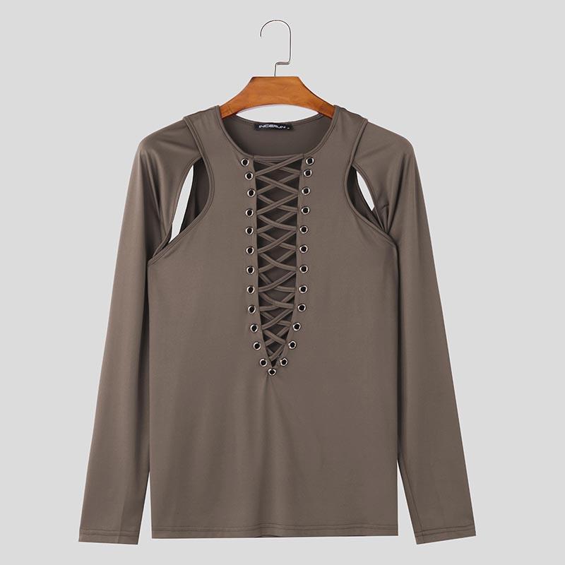 

INCERUN Мужская футболка с длинным рукавом и повязкой, узкие футболки с вырезом в стиле пэчворк 2XL коричневый