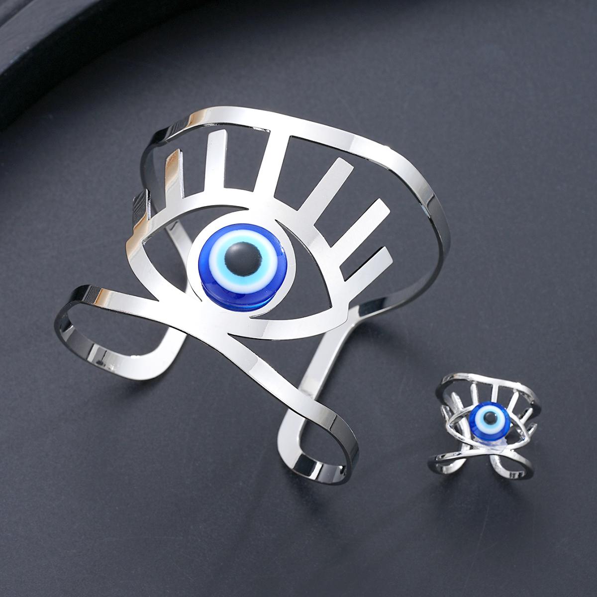 

2Pcs/Set Evil Eyes Blue Eye Resin Bracelets Rings For Women Men Fashion Gold Silver Color Open Adjustable Unisex Jewelry Sets