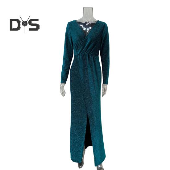 Abendkleid für Damen, tiefer V-Ausschnitt, Pailletten-Dekor, lange Ärmel, elastische Taille, plissiert, geteilter Saum, einfarbig, formelle Anlässe, Hochzeit, Party, Abschlussball, Maxikleid