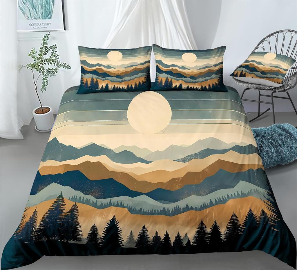 Comforter Hand-Painted Style Queen King Size Japanese Style Forest Mountain Bedding Set 3 Pcs With 2 S No Quilt