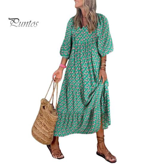 Damen Herbstkleid Puffärmel V-Ausschnitt Bedruckt A-Linie Locker Knöchellang Patchwork Böhmisches Strand Maxikleid Alltagskleidung Langes Kleid