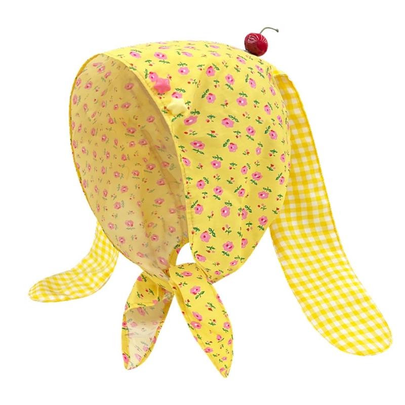 Cute Rabbit Ears Headscarf Hat Cherry Flossom Pattern Soft Cotton Hair Accessory For Women Adults Adjustable Headwear