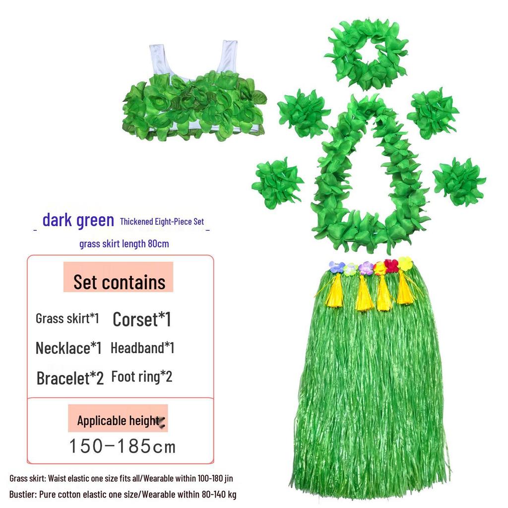 80cm Thick Flowing Grass Skirt Set: Eight-Piece Hawaiian Seaweed Dance Outfit for Adults