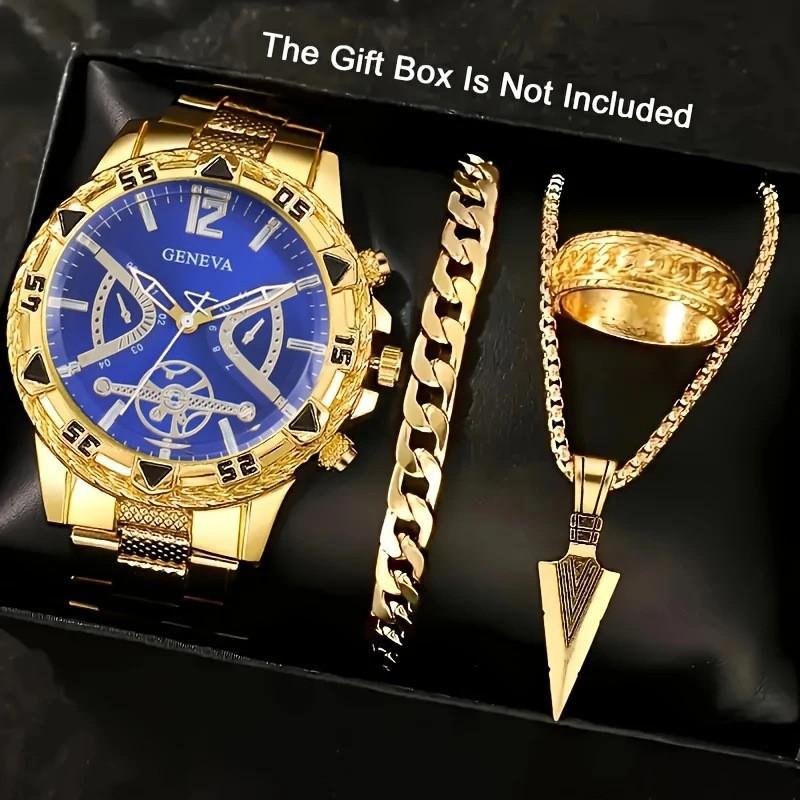 Men's Minimalist Black Quartz Watch Set 4-Piece Fashion Gift Set with Calendar Function, Bracelet, Necklace & Ring,