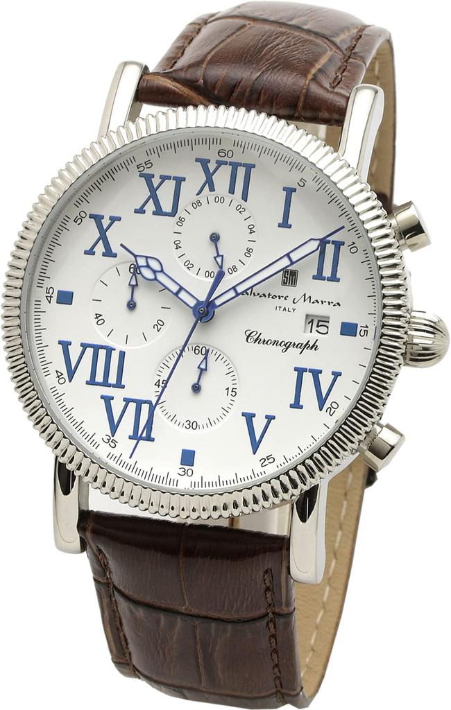 Klokke Chronograph Lærreim 5 ATM Vanntett Hvit Mørkebrun [Salvatore Mara] Herre SM19109-SSWHDBR2