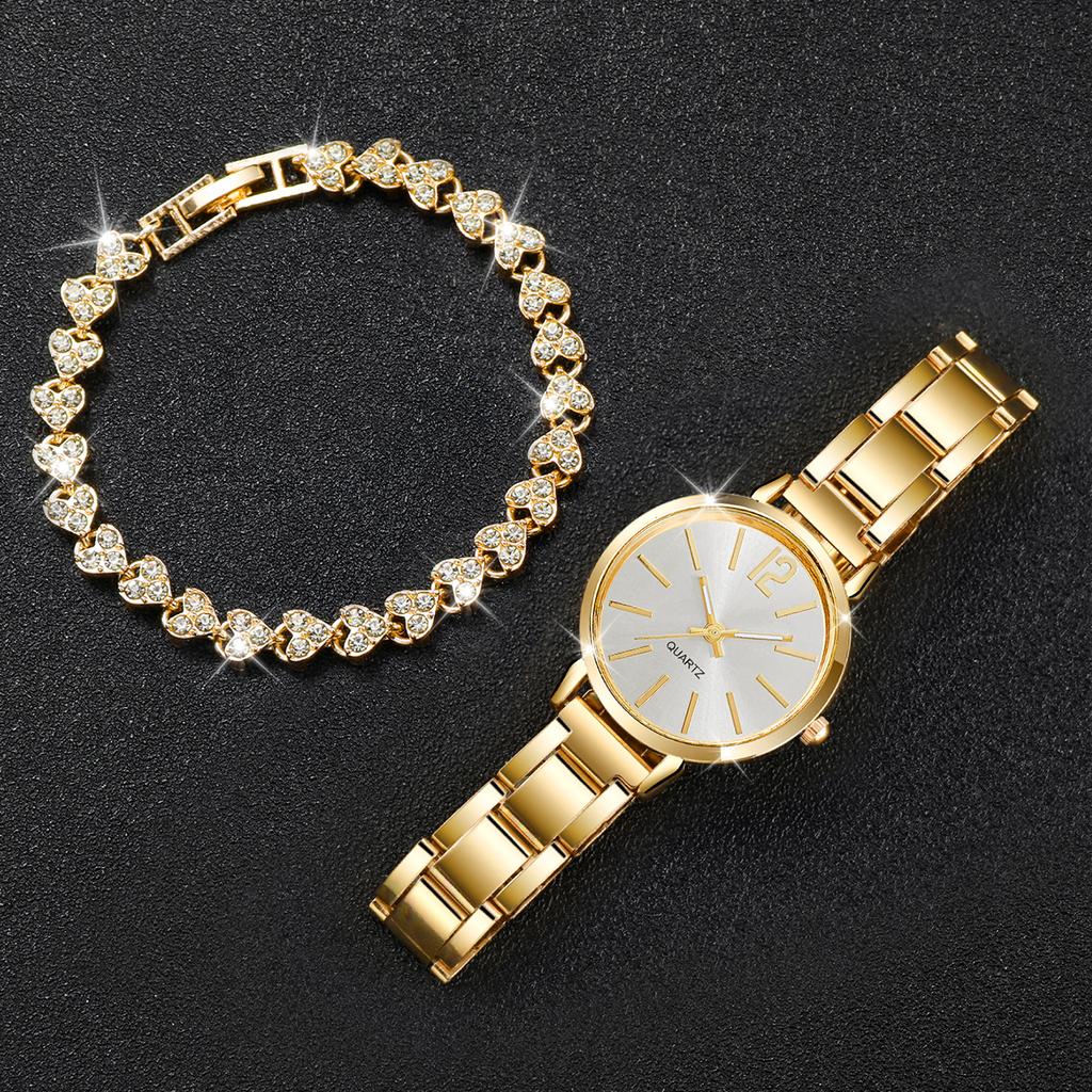 4PCS/Set Fashion Watch Simplified Style Stainless Steel Strap Quartz Watch Gold Rose Gold Bracelet Set