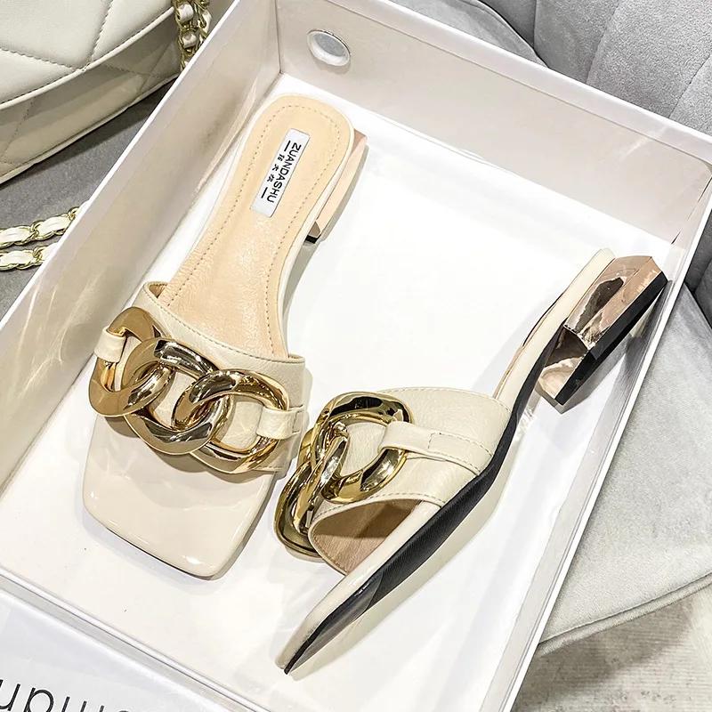 Καλοκαιρινά Γυναικεία Παπούτσια Μοντέρνα Παντόφλα Μεγάλη Μεταλλική Αλυσίδα Δερμάτινα Casual Γόβες Κοριτσίστικες Τακούνια Slides