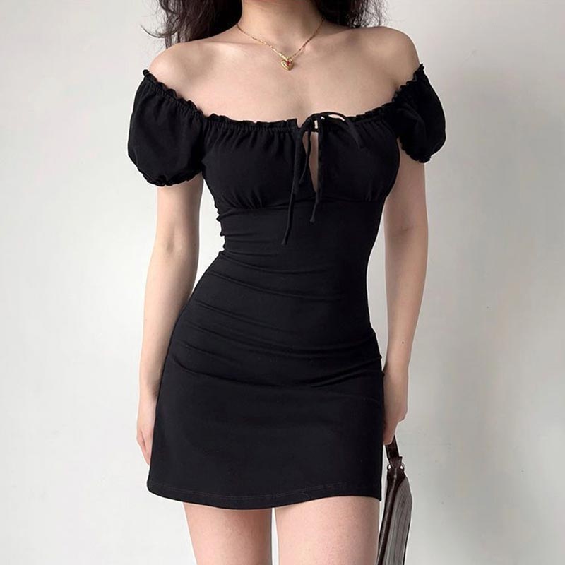 Square Neck Black Dress for Women Slim Fit Bubble Sleeve Midi Dress Party Elegant Vintage Style Clothing Summer