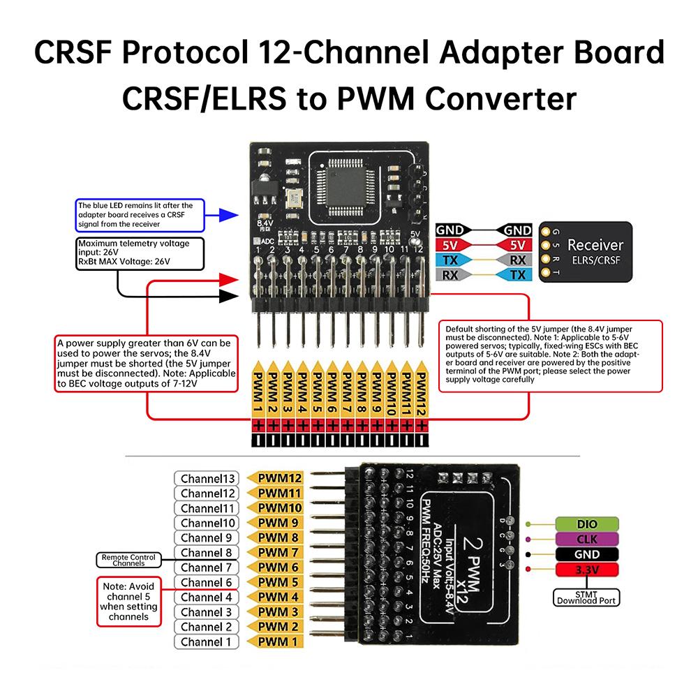 CRSF ELRS 2.4G 12CH PWM Signal Adapter DC 5-12V ExpressLRS3.0 RX 2400RX PWM/CRSF For RC FPV Drone Fixed Wing Car Boat Quadcopter