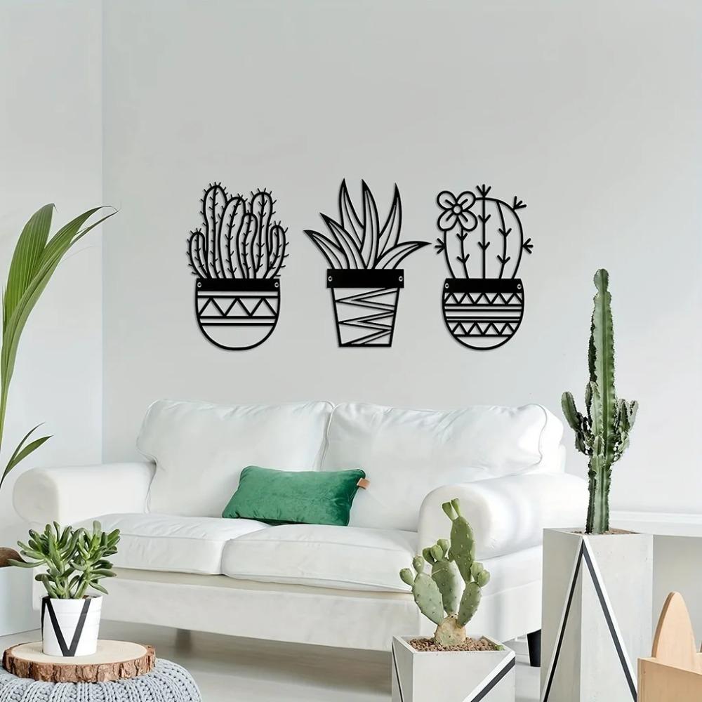 3-Piece Cactus Metal Wall Art Set - Natural Theme, Modern Black Metal Wall Decor