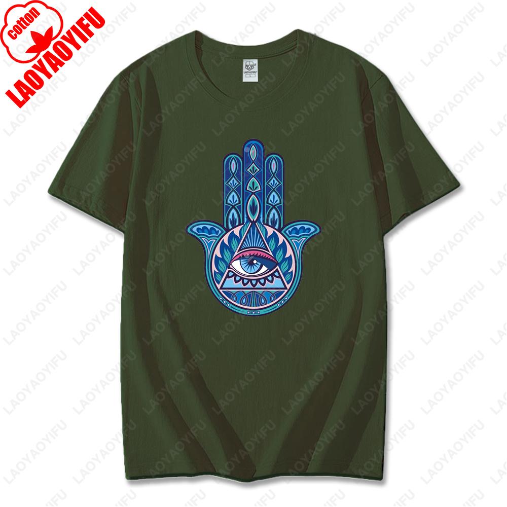 Blue Hamsa Hand Spiritual Protection Cotton Tops for Men Women Namaste Mandala Graphic Regular Short Sleeve Funny Casual Tshirt