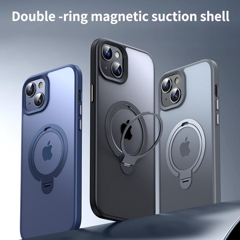 For iPhone 15 Case Dual Magnet Rings TPU+PC Phone Back Cover Kickstand Shell Compatible with MagSafe