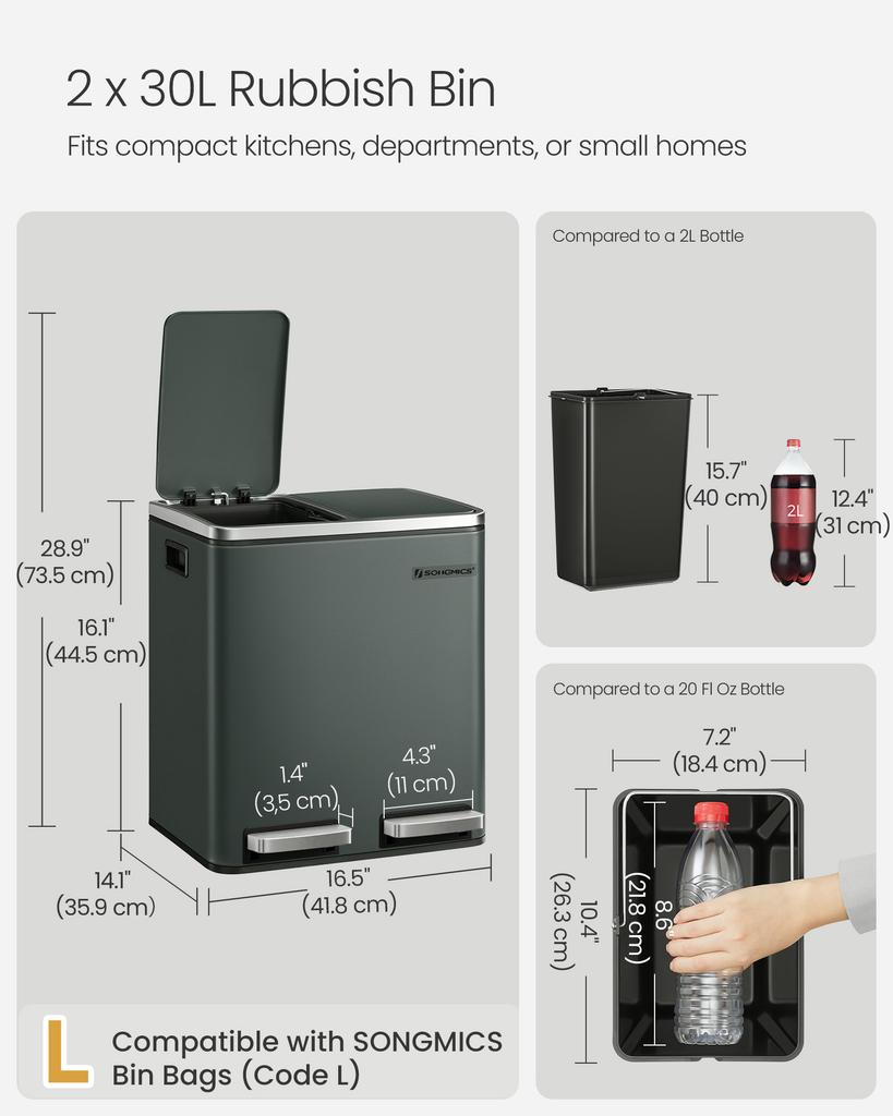 SONGMICS Kitchen Bin, 2 X 4 Gallon (2 X 15 L) Double Pedal Bin for Recycling and Waste, 15 Liners Included, Inner Buckets, Soft Close for Small Spaces