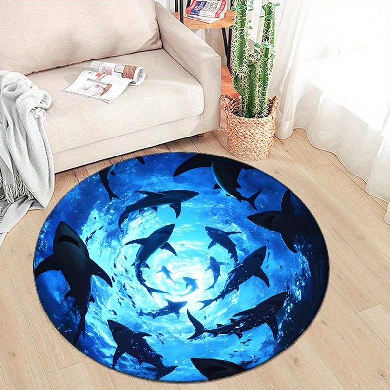[2D Flat, Not 3D]Comes with 2 Anti Slip Mats Shark Ocean Round Mat, Crystal Velvet Polyester, Non-Slip Mat Suitable for Bedroom,