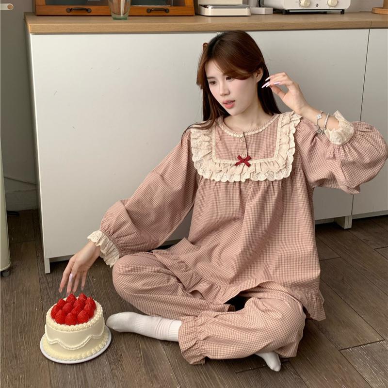 Versiunea coreeană de toamnă a palatului retro, carouri din dantelă dulce, cu mâneci lungi, pijamale pentru serviciu la domiciliu, costum femei