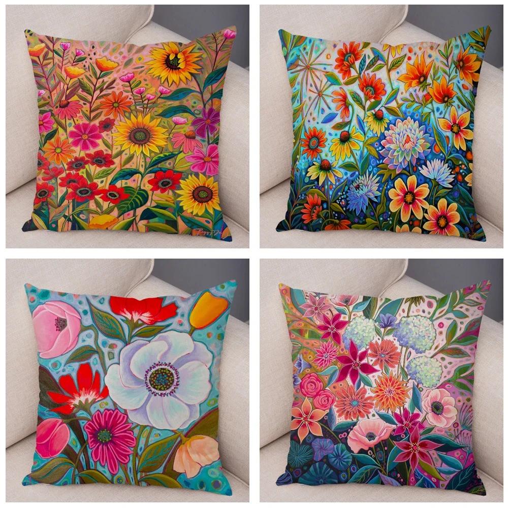 Nordic Watercolor Flower Pillowcase Soft Plush Decor Cartoon Floral Plant Cushion Cover for Sofa Home Children Room Pillow Case