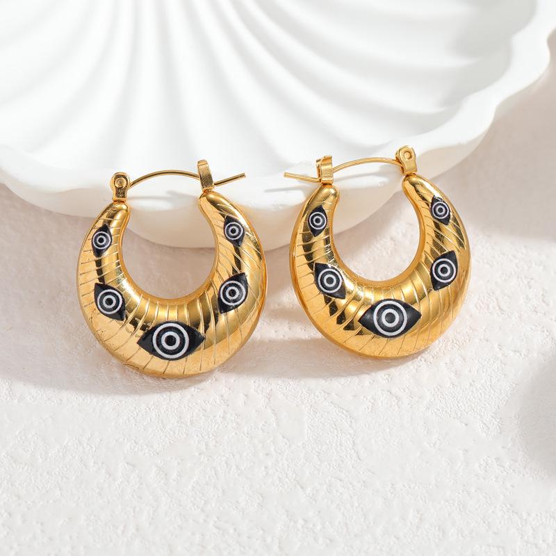 

Geometric Stainless Steel U-Shaped Earrings with Creative Eye Design - European & American Style for Women