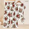 Women Plus Size Round Neck Short Sleeve Floral Printed Knot Hem Top Long Pants Two Piece Set