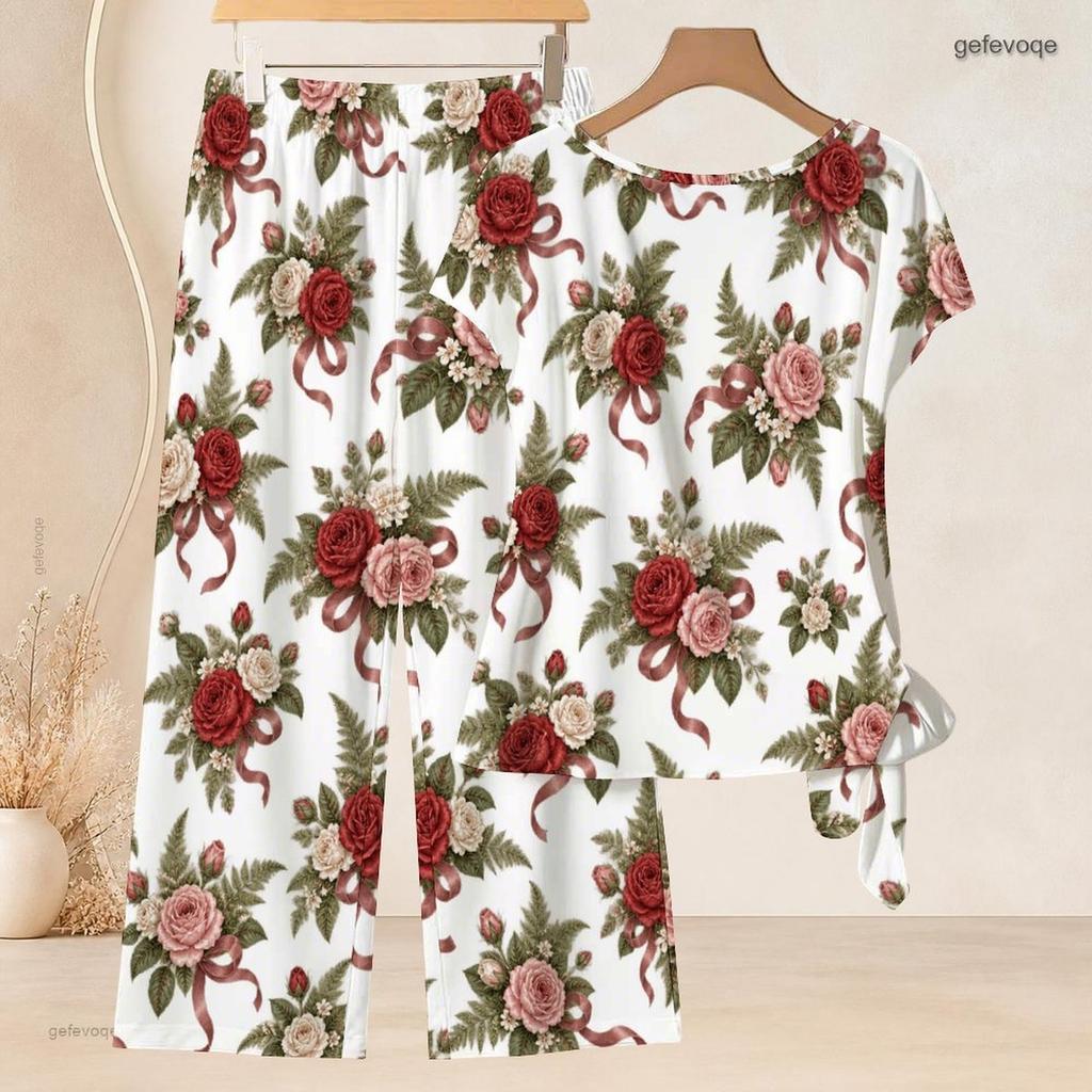 Women Plus Size Round Neck Short Sleeve Floral Printed Knot Hem Top Long Pants Two Piece Set