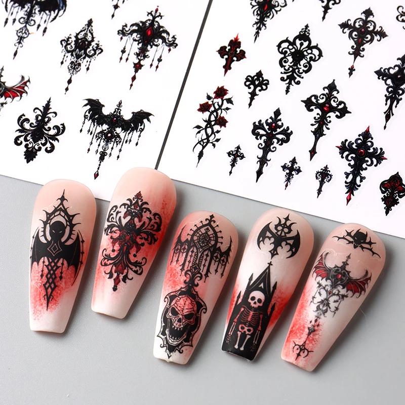Gothic Black Sticker For Nails Elegant Wedding Laced Designs Spooky Halloween Bat Skull Adhesive Foils Sliders Nail Art Decor