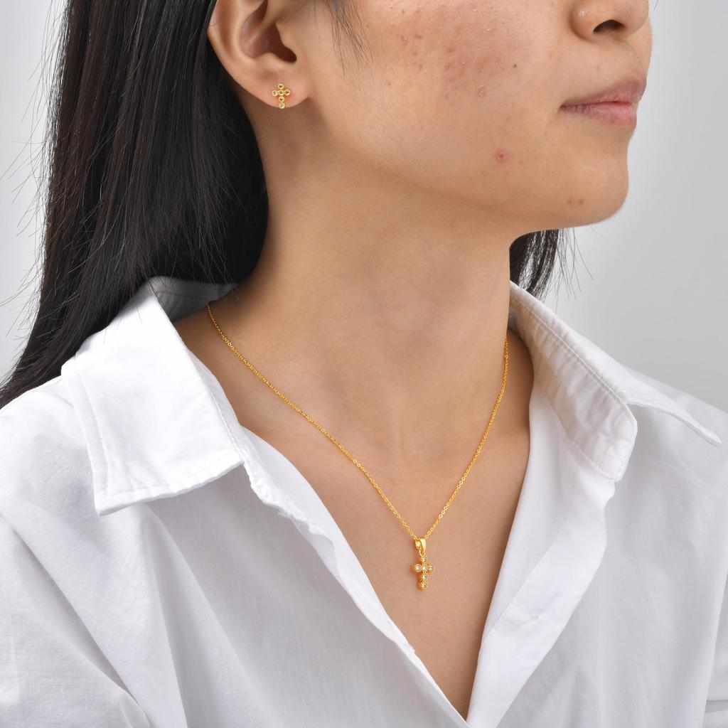 Women's Gold-Plated Cross Necklace & Zircon Stud Earrings Set in Copper