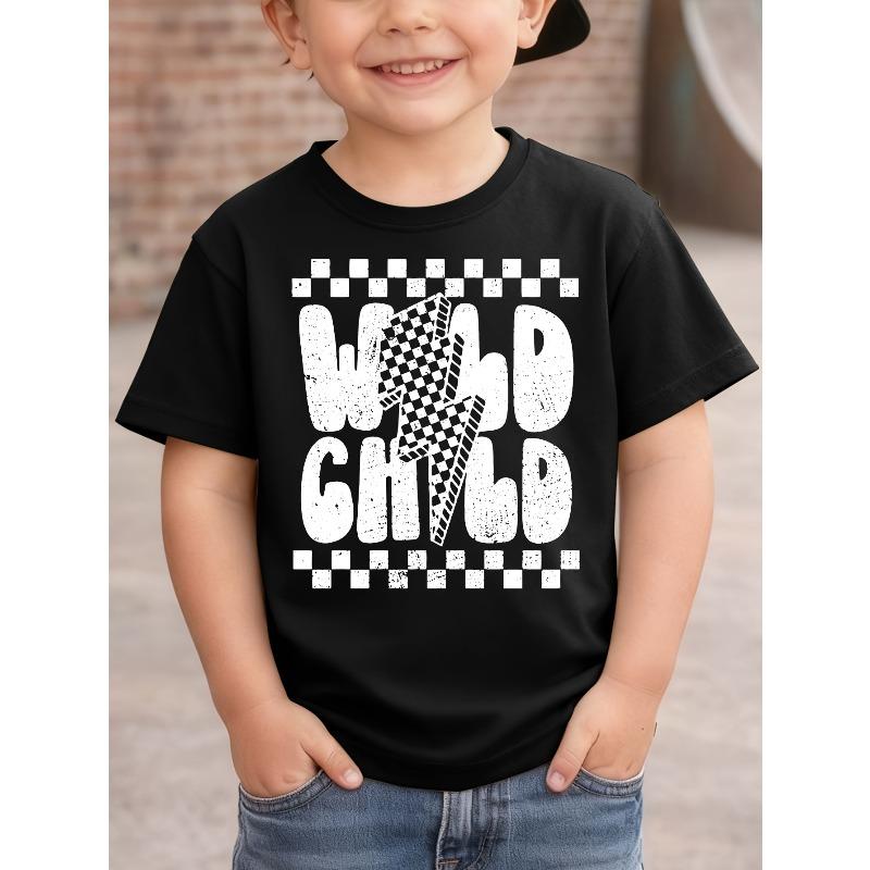 European sizes Boys' WILD CHILD Letter Lightning Print Casual Fashion Versatile T-Shirt