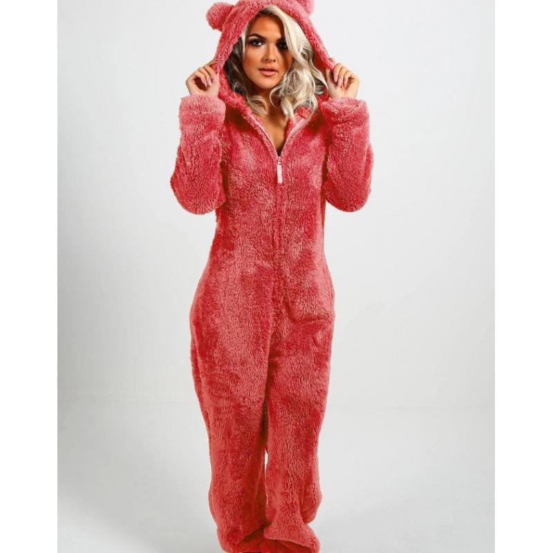 2024 Europäischer & Amerikanischer Herbst/Winter Kapuzen-Overall mit Fleecefutter Pyjama für Damen